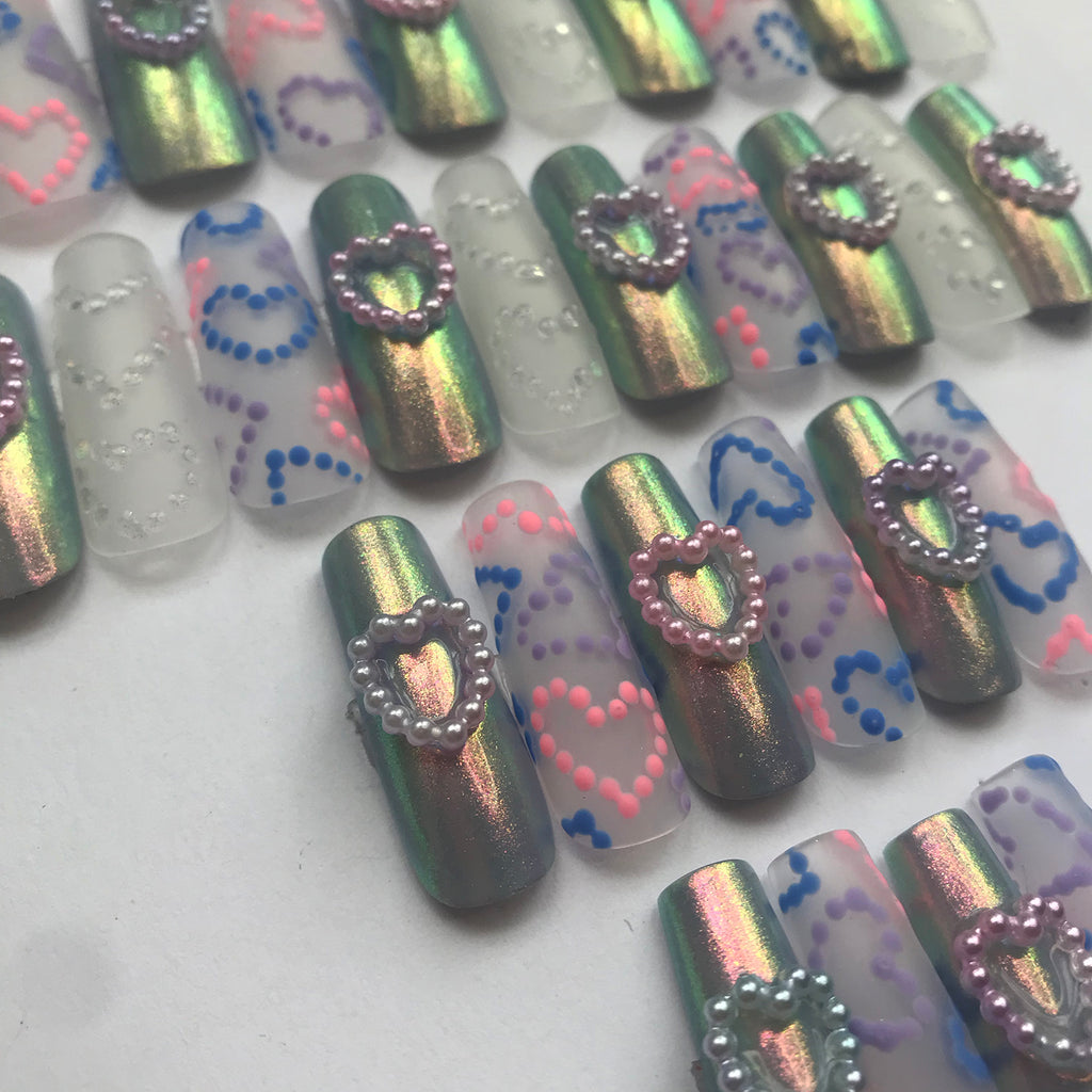 E s c_ XL COFFIN PRESS-ON NAILS with hearts and iridescent detail