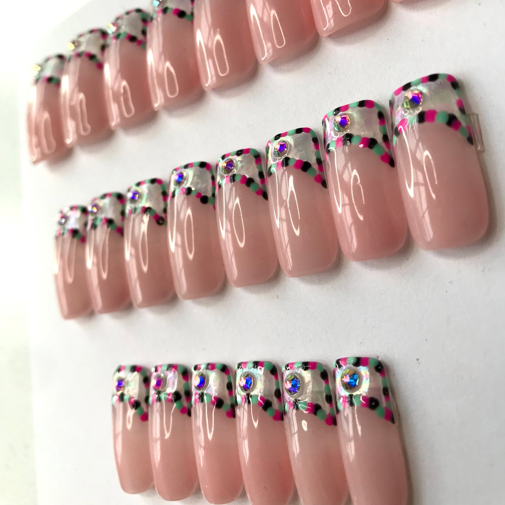 E s c_ LONG SQUARE PRESS-ON NAILS with polka dot tip detail